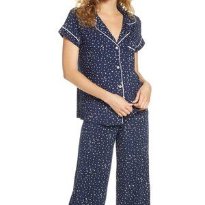 NWT Womens The Cat's Pajamas Navy Blue White Confetti Dot 2 Pc Set Top Bottom M